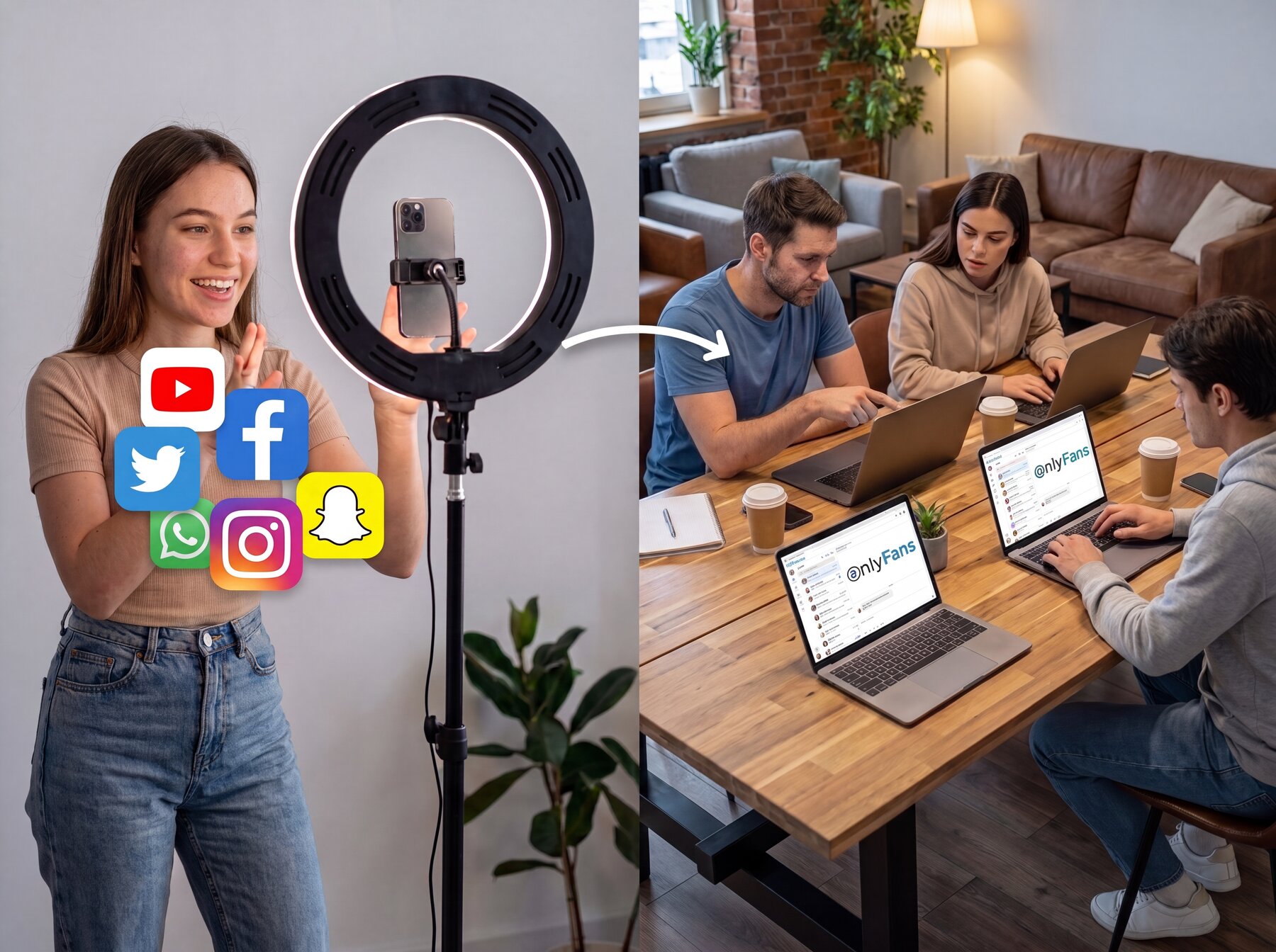A model creates content across social platforms. Our chat team handles her OnlyFans messages and sells subscribers premium content.